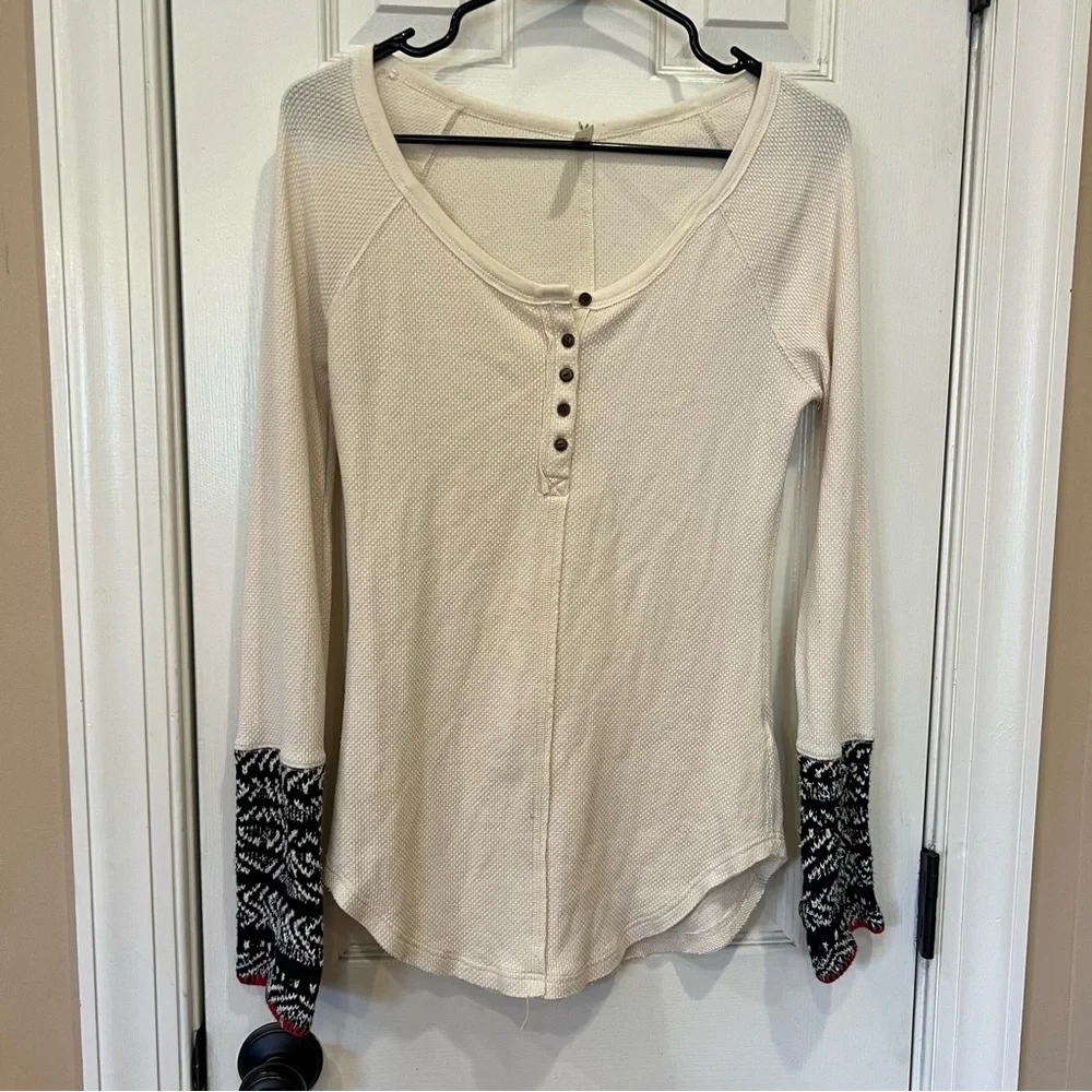 Free People Alpine Cuff Thermal Henley Cream Black White Red